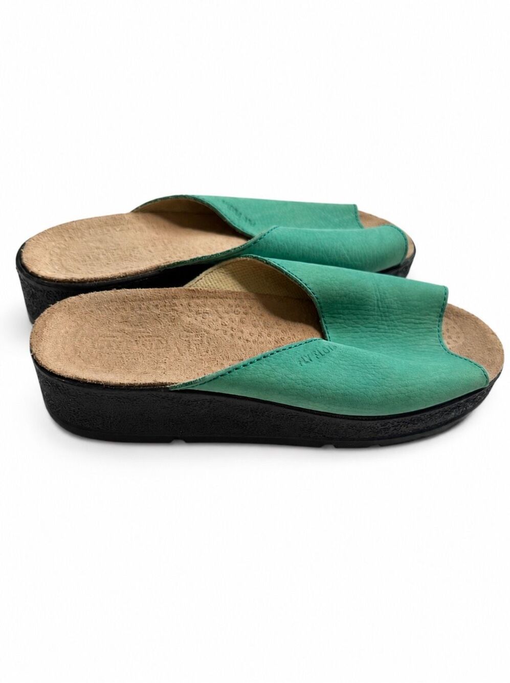 Fly Flot Green Leather Wedge Heel Mule Slide Sandals Women’s Size 39 US 8